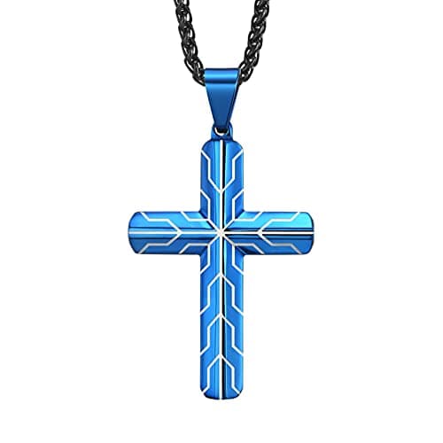 Men's Black Blue Cross Necklace Stainless Steel Crucifix Pendant 24 Inch Chain