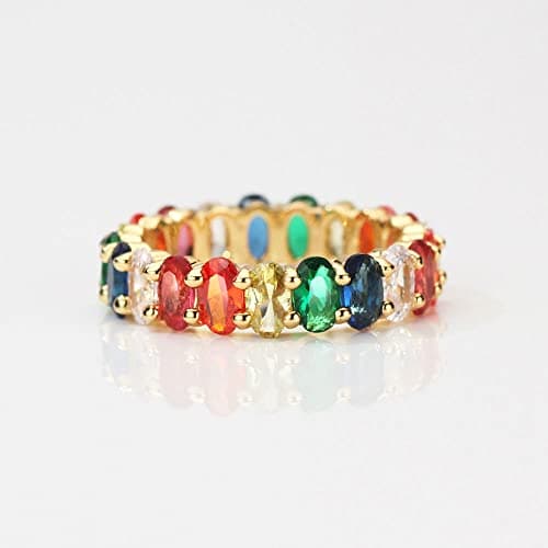Eternity Rainbow Oval CZ Ring for Women in 18K Gold Plating