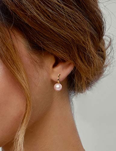 Michooyel 18K Gold Plated Akoya Pearl Dangle Earrings 8.5-9mm Sterling Silver Fine Jewelry