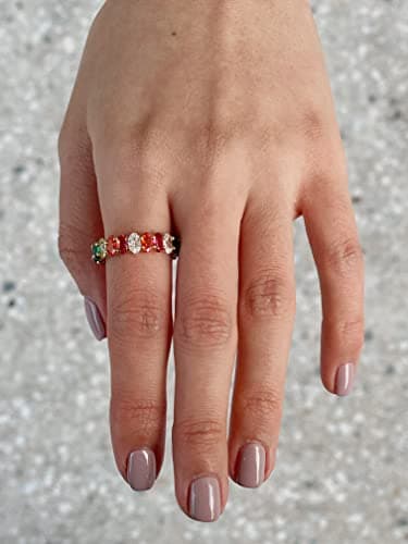 Eternity Rainbow Oval CZ Ring for Women in 18K Gold Plating