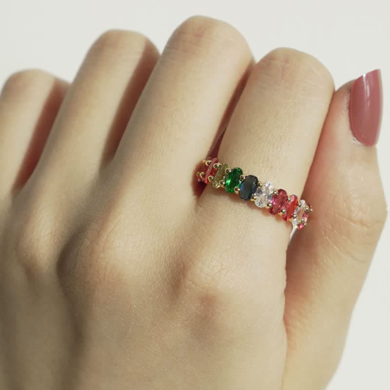 Eternity Rainbow Oval CZ Ring for Women in 18K Gold Plating