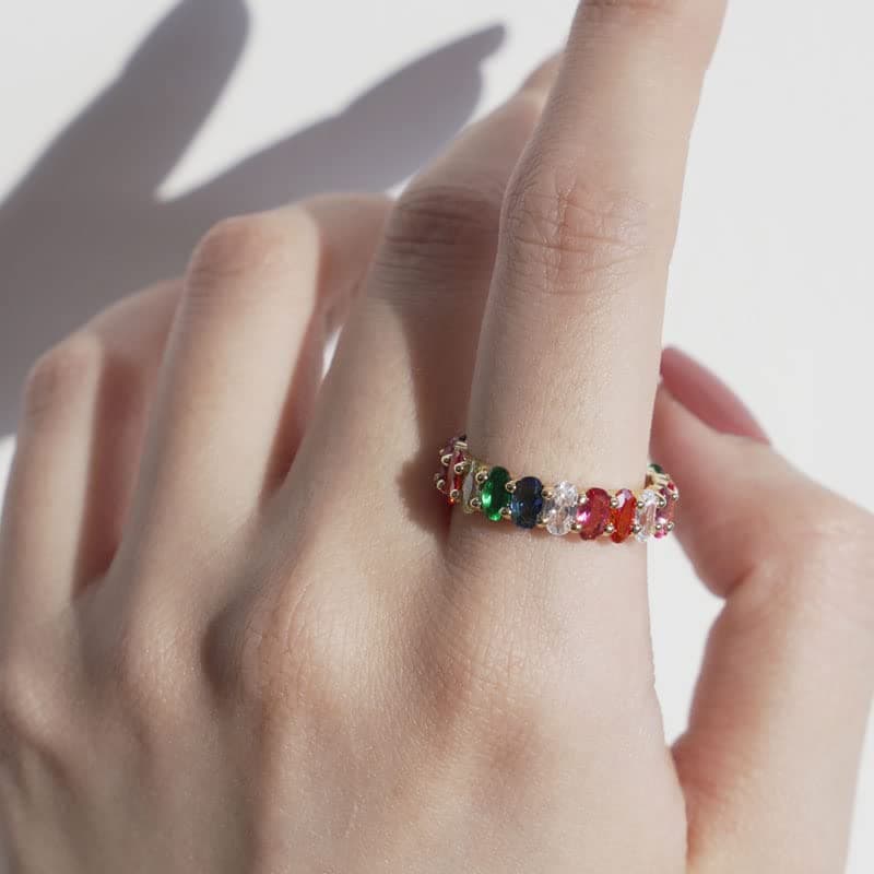 Eternity Rainbow Oval CZ Ring for Women in 18K Gold Plating
